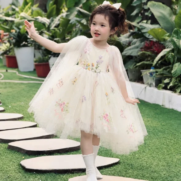 Embroidered Floral Tulle Cape Princess Dress