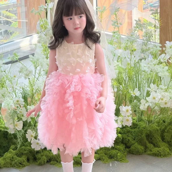 Pink Ruffle Tulle Princess Dress with Sequin Bodice