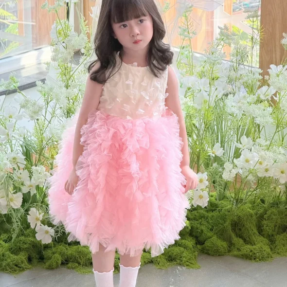 Pink Ruffle Tulle Princess Dress with Sequin Bodice