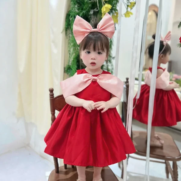 Red Satin Princess Dress with Pink Bow Cape