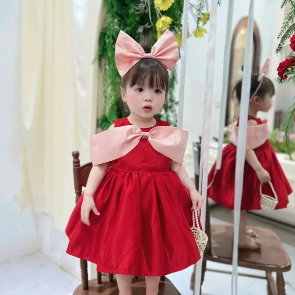 Red Satin Princess Dress with Pink Bow Cape