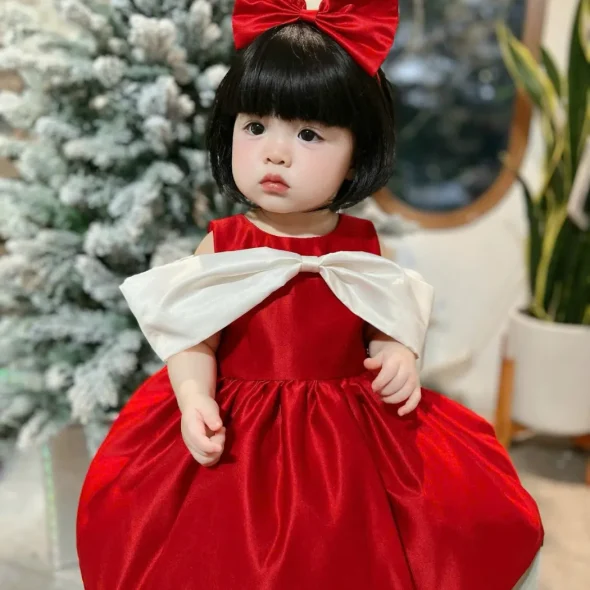 Red Velvet Princess Dress with White Cape