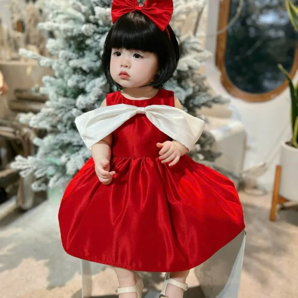 Red Velvet Princess Dress with White Cape