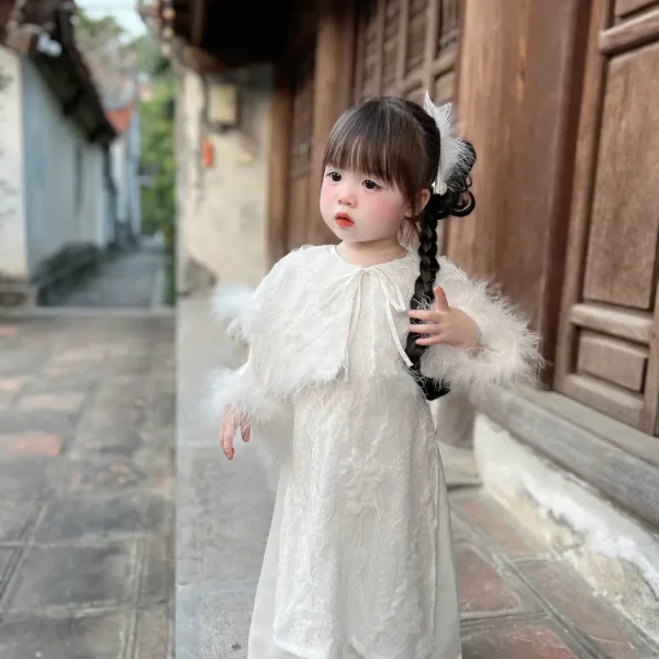 White Feather Trim Long Princess Dress