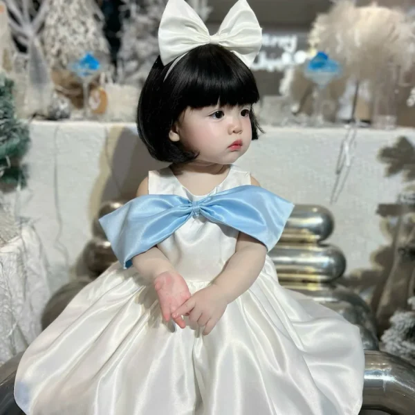 White Satin Princess Dress with Blue Bow Cape