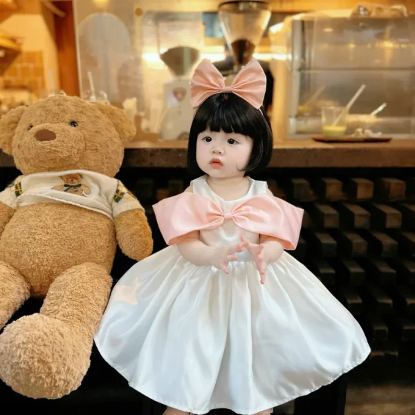 White Satin Princess Dress with Pink Bow Cape