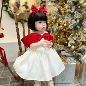 White Satin Princess Dress with Red Bow Cape