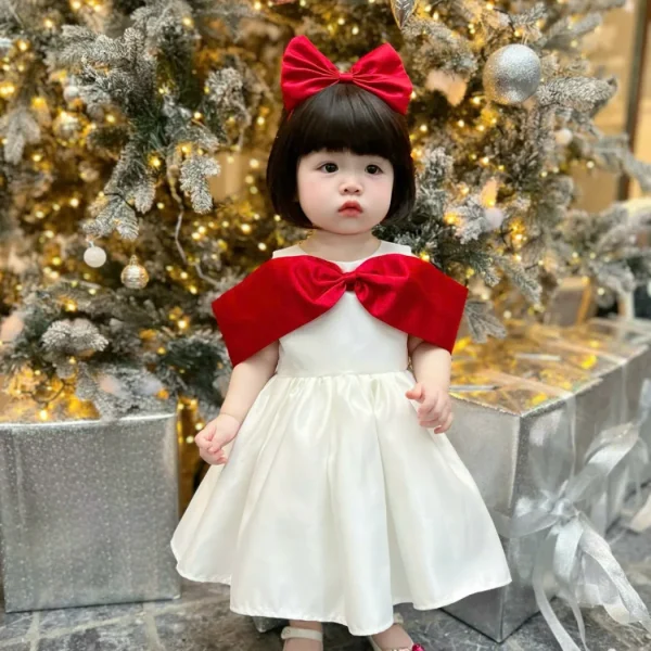 White Satin Princess Dress with Red Bow Cape