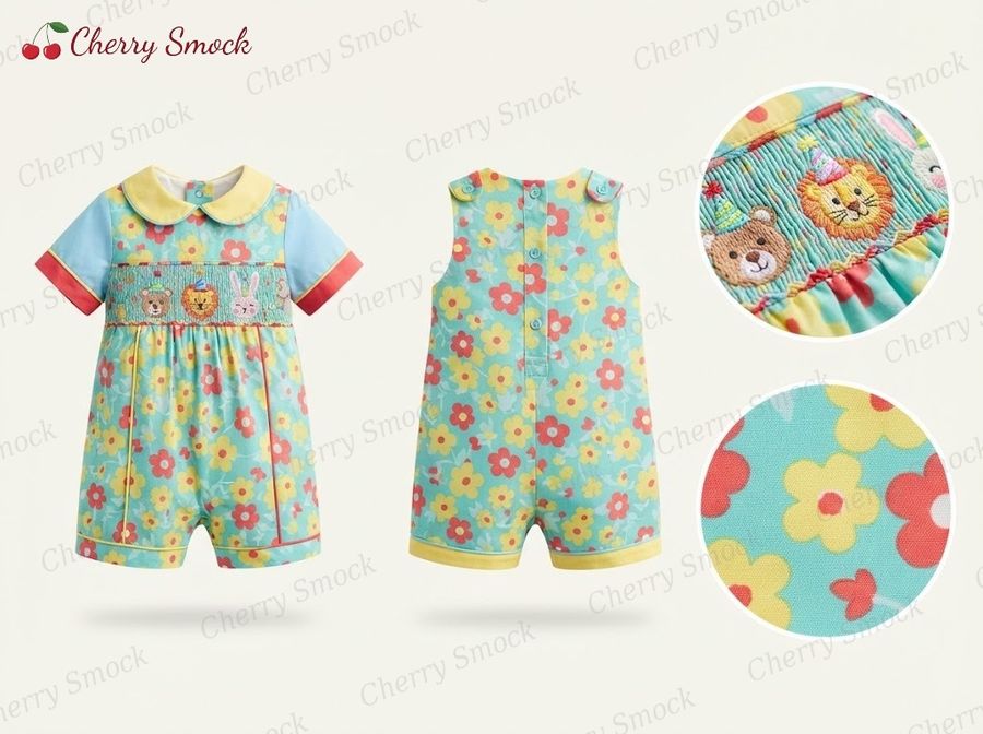 Cherrysmock Birthday Boys Hand-Smocked Romper Set – UK Collection #B01 (CS-UK-BDAY-B01)