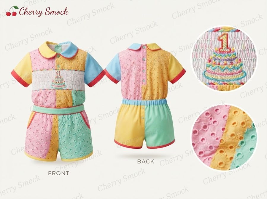 Cherrysmock Birthday Boys Hand-Smocked Romper Set – UK Collection #B06 (CS-UK-BDAY-B06)