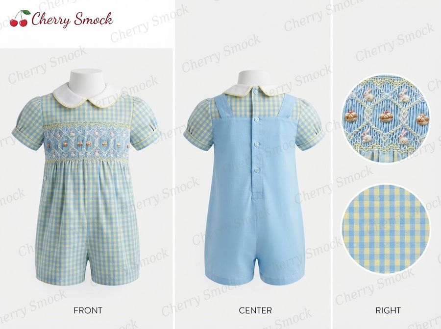 Cherrysmock Easter Boys Hand-Smocked Romper Set – UK Heritage Collection #B01 (CS-UK2-EASTER-B01)