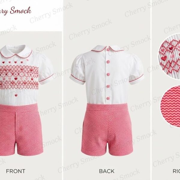 Cherrysmock Valentine’s Day Boys Hand-Smocked Romper Set – UK Heritage Collection #B02 (CS-UK2-VALENTINE-B02)