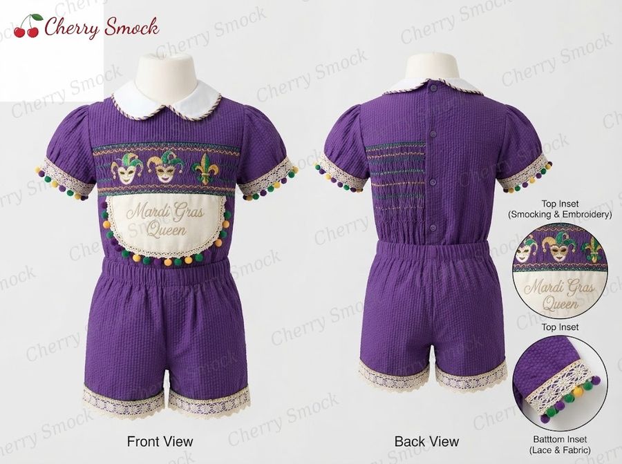 Cherrysmock Mardi Gras Boys Hand-Smocked Romper Set – US Collection #B02 (CS-US-MARDIGRAS-B02)