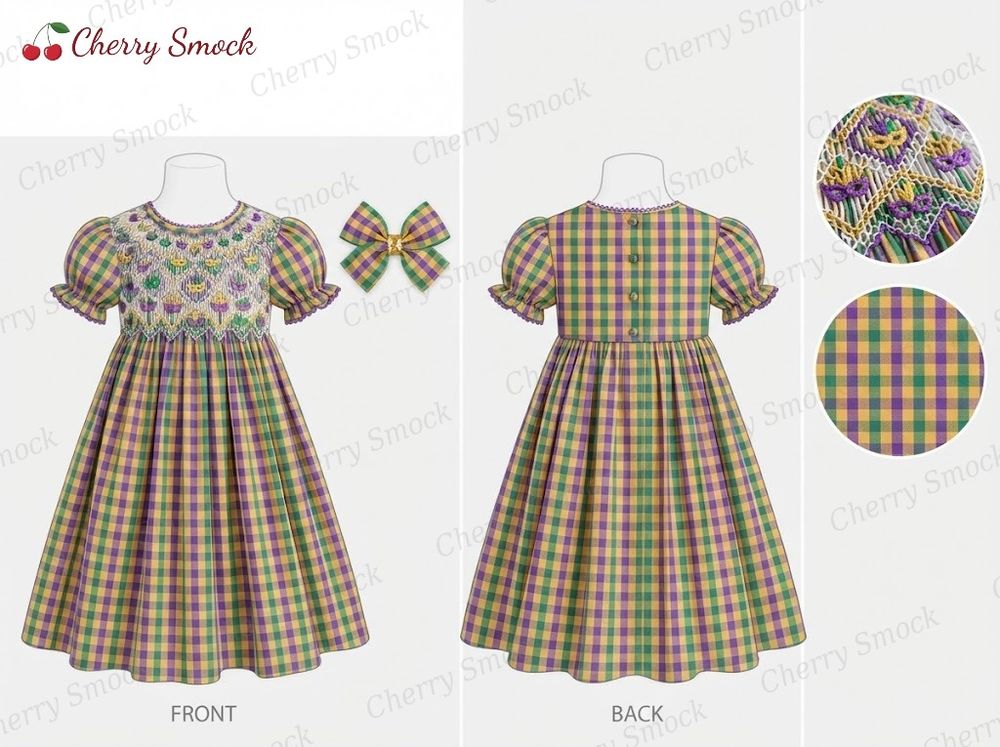 Mardi Gras Hand-Smocked Girls Dress Style G01