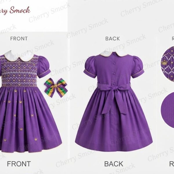 Cherrysmock Mardi Gras Girls Hand-Smocked Dress – US Collection #G02 (CS-US-MARDIGRAS-G02)