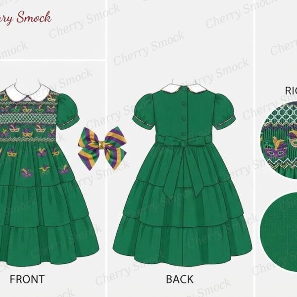 Cherrysmock Mardi Gras Girls Hand-Smocked Dress – US Collection #G09 (CS-US-MARDIGRAS-G09)
