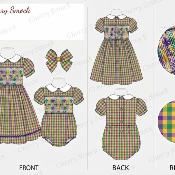 Cherrysmock Mardi Gras Girls Hand-Smocked Dress – US Collection #G13 (CS-US-MARDIGRAS-G13)