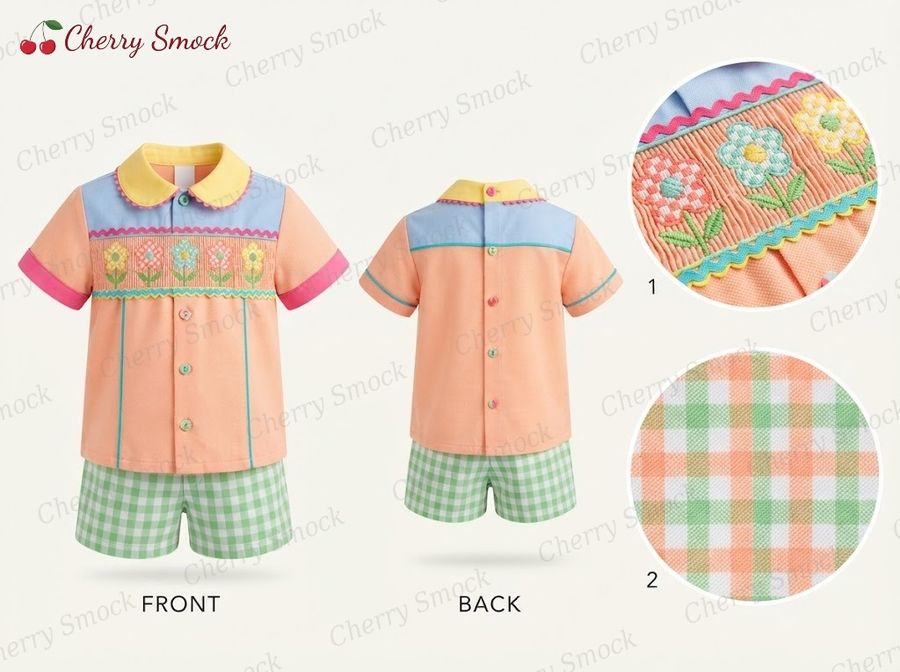 Cherrysmock Spring Boys Hand-Smocked Romper Set – US Collection #B04 (CS-US-SPRING-B04)