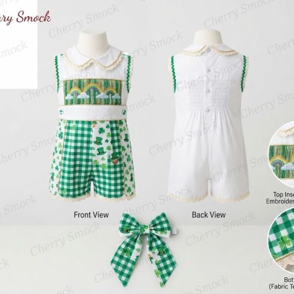 Cherrysmock St. Patrick’s Day Boys Hand-Smocked Romper Set – US Collection #B01 (CS-US-STPATRICK-B01)