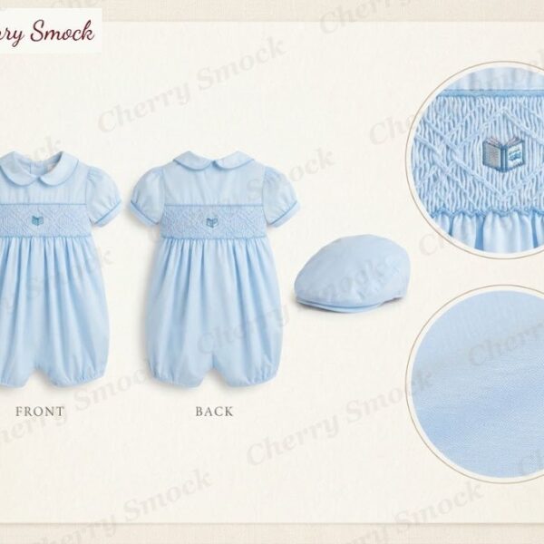 Cherrysmock Back to School Boys Hand-Smocked Bubble Romper – UK Collection #B01 (CS-UK-BTS-B01)