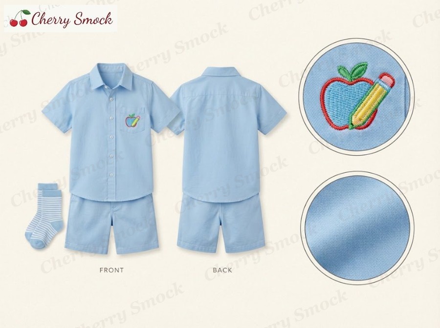 Machine-Embroidered Shorts – Cherrysmock Back to School Boys Machine-Embroidered Shorts Set – UK Collection #B06 (CS-UK-BTS-B06)