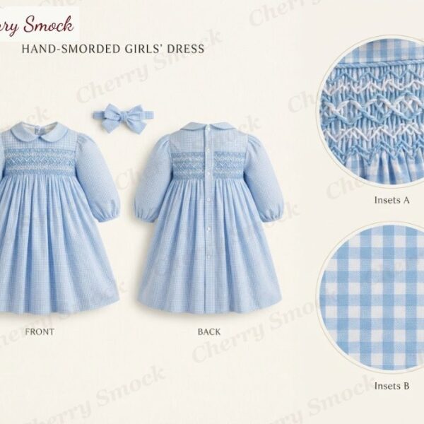 Cherrysmock Back to School Girls Hand-Smocked Bishop Dress – UK Collection #G01 (CS-UK-BTS-G01)
