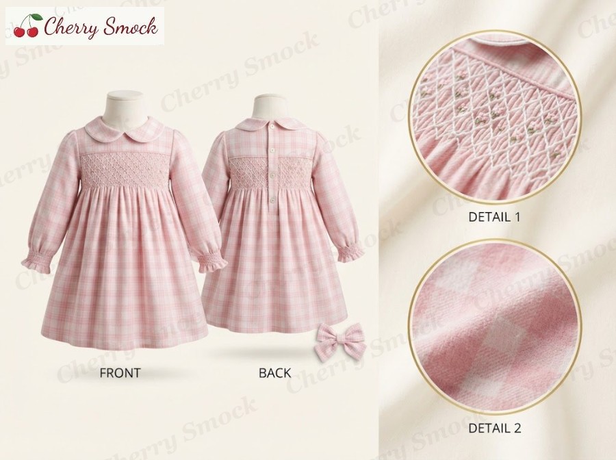 Hand-Smocked Long-Sleeve Dress – Cherrysmock Back to School Girls Hand-Smocked Long-Sleeve Dress – UK Collection #G03 (CS-UK-BTS-G03)