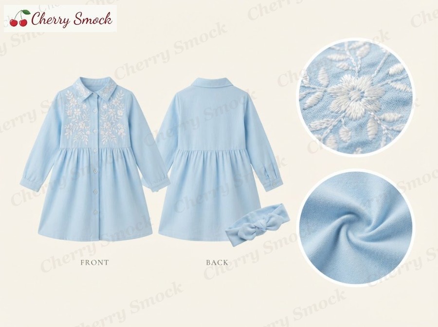 Hand-Embroidered Long-Sleeve Dress – Cherrysmock Back to School Girls Hand-Embroidered Long-Sleeve Dress – UK Collection #G10 (CS-UK-BTS-G10)