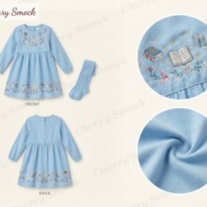 Cherrysmock Back to School Girls Machine-Embroidered Long-Sleeve Dress – UK Collection #G15 (CS-UK-BTS-G15)