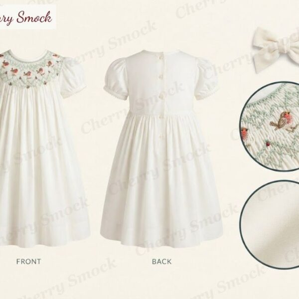 Cherrysmock Christmas Girls Hand-Smocked Bishop Dress – UK Collection #G01 (CS-UK-CHRISTMAS-G01)