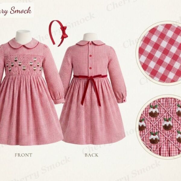 Cherrysmock Christmas Girls Hand-Smocked Long-Sleeve Dress – UK Collection #G02 (CS-UK-CHRISTMAS-G02)