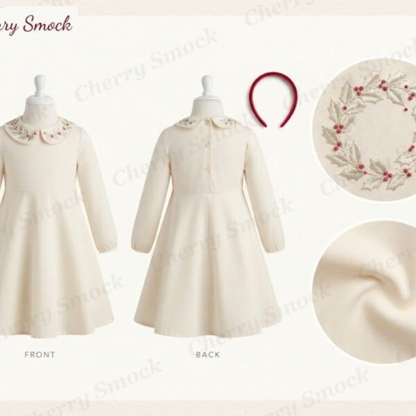 Cherrysmock Christmas Girls Hand-Embroidered Long-Sleeve Dress – UK Collection #G07 (CS-UK-CHRISTMAS-G07)