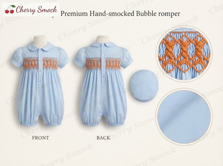 Hand-Smocked Bubble Romper – Cherrysmock Halloween Boys Hand-Smocked Bubble Romper – UK Collection #B01 (CS-UK-HALLOWEEN-B01)