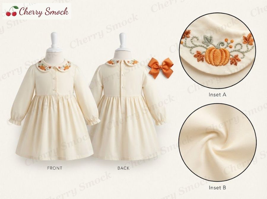 Hand-Embroidered Long-Sleeve Dress – Cherrysmock Halloween Girls Hand-Embroidered Long-Sleeve Dress – UK Collection #G07 (CS-UK-HALLOWEEN-G07)