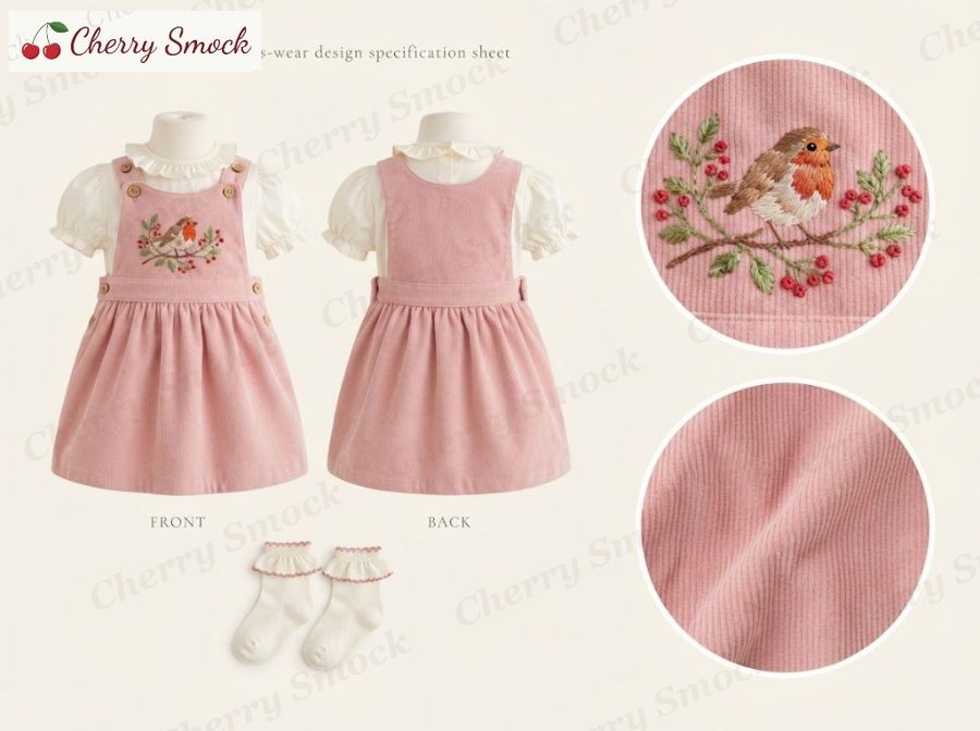 Hand-Embroidered Pinafore – Cherrysmock Christmas Girls Hand-Embroidered Pinafore with Blouse – UK Heritage Collection #G08 (CS-UKH-CHRISTMAS-G08)