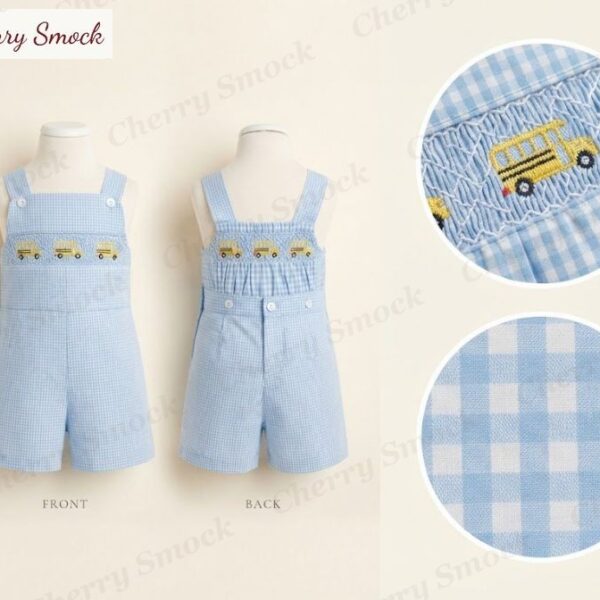 Cherrysmock Back to School Boys Hand-Smocked Jon-Jon with Cable Stitch – US Collection #B01 (CS-US-BTS-B01)