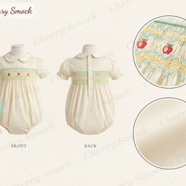 Cherrysmock Back to School Boys Hand-Smocked Bubble Romper with Wave Stitch – US Collection #B02 (CS-US-BTS-B02)