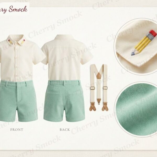 Cherrysmock Back to School Boys Hand-Embroidered Shorts Set with Pencil Motifs – US Collection #B04 (CS-US-BTS-B04)