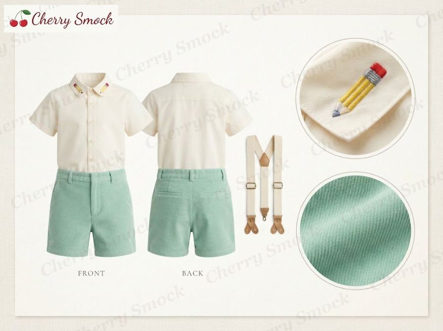 Hand-Embroidered Shorts Set – Cherrysmock Back to School Boys Hand-Embroidered Shorts Set with Pencil Motifs – US Collection #B04 (CS-US-BTS-B04)