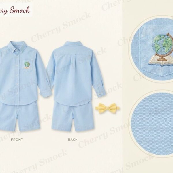 Cherrysmock Back to School Boys Hand-Embroidered Button-Up Set with Globe Motif – US Collection #B05 (CS-US-BTS-B05)