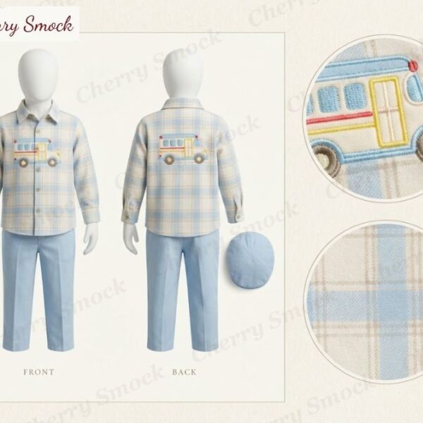 Cherrysmock Back to School Boys Machine Embroidered & Applique Button-Up Set with School Bus – US Collection #B06 (CS-US-BTS-B06)