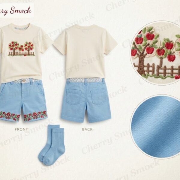 Cherrysmock Back to School Boys Machine Embroidered & Applique Shorts Set with Apple Orchard – US Collection #B07 (CS-US-BTS-B07)