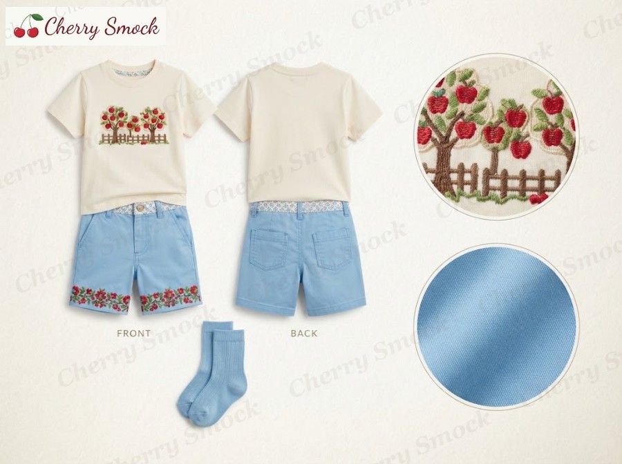 Machine Embroidered & Applique Shorts – Cherrysmock Back to School Boys Machine Embroidered & Applique Shorts Set with Apple Orchard – US Collection #B07 (CS-US-BTS-B07)