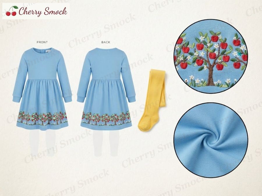 Machine-Embroidered Long-Sleeve Dress – Cherrysmock Back to School Girls Machine-Embroidered Long-Sleeve Dress – US Collection #G12 (CS-US-BTS-G12)