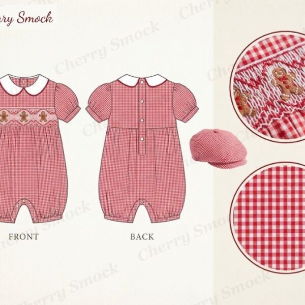 Cherrysmock Christmas Boys Hand-Smocked Bubble Romper – US Collection #B02 (CS-US-CHRISTMAS-B02)