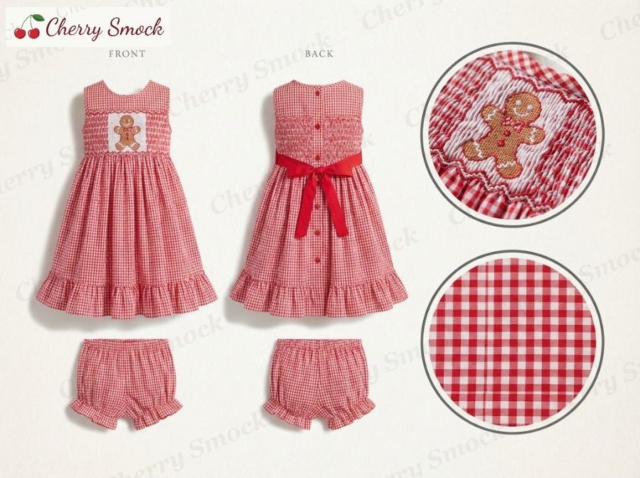 Hand-Smocked Sundress – Cherrysmock Christmas Girls Hand-Smocked Sundress – US Collection #G02 (CS-US-CHRISTMAS-G02)