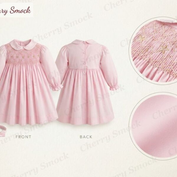 Cherrysmock Christmas Girls Hand-Smocked Long-Sleeve Dress – US Collection #G03 (CS-US-CHRISTMAS-G03)