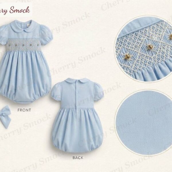 Cherrysmock Christmas Girls Hand-Smocked Bubble Romper – US Collection #G05 (CS-US-CHRISTMAS-G05)