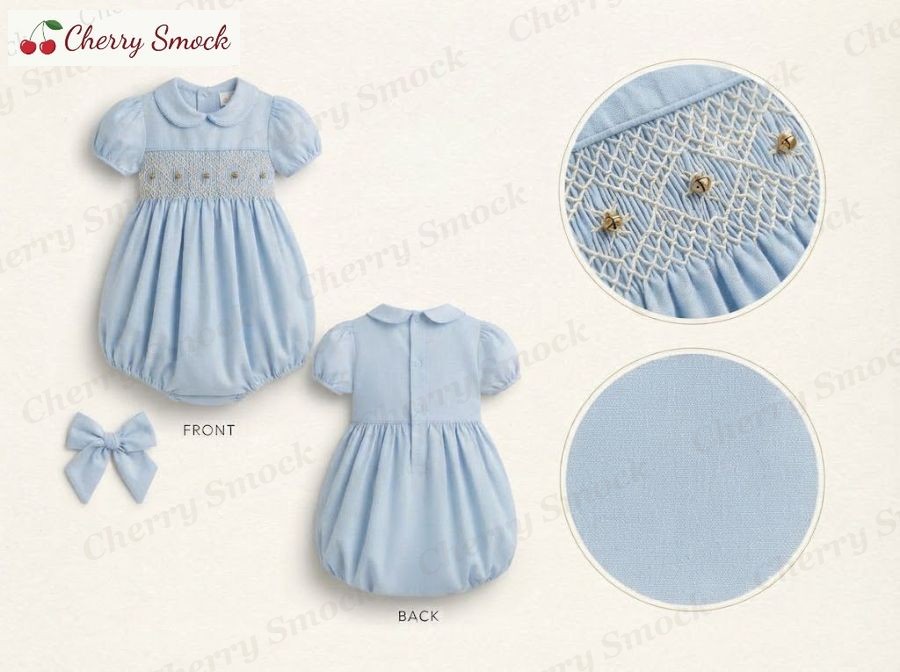 Hand-Smocked Bubble Romper – Cherrysmock Christmas Girls Hand-Smocked Bubble Romper – US Collection #G05 (CS-US-CHRISTMAS-G05)