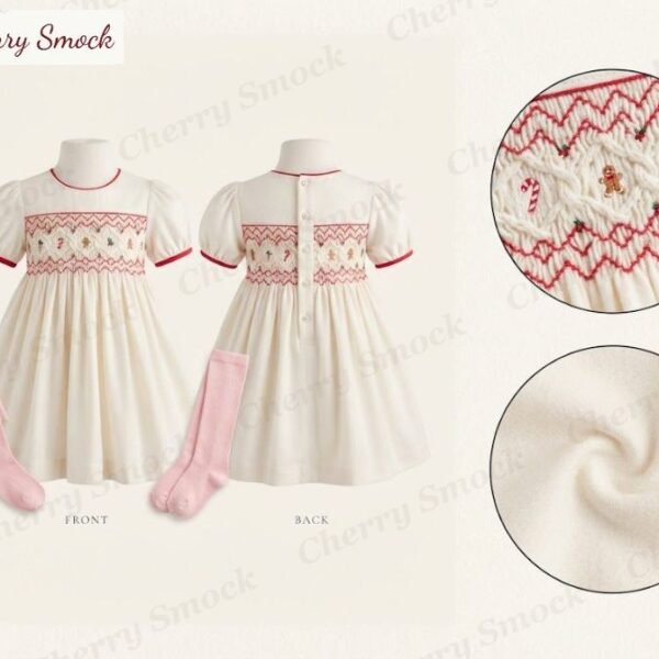 Cherrysmock Christmas Girls Hand-Smocked Two-Piece Set – US Collection #G06 (CS-US-CHRISTMAS-G06)
